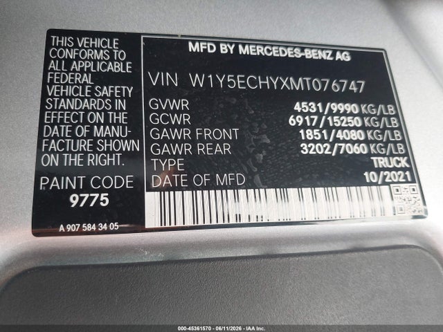 Aukcja sprzedaży 2021 Mercedes-benz Sprinter 3500 High Roof V6, vin: W1Y5ECHYXMT076747, numer aukcji: 45361570