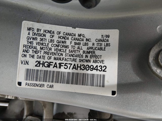 45361593 :رقم المزاد ، 2HGFA1F57AH309432 vin ، 2010 Honda Civic Lx مزاد بيع
