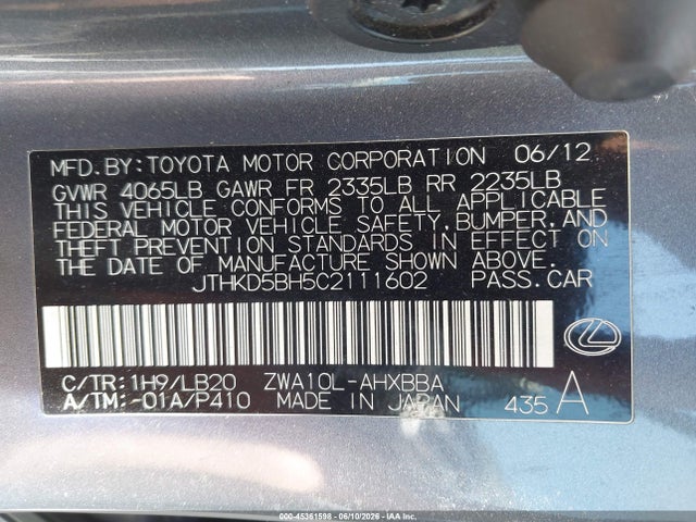 Aukcja sprzedaży 2012 Lexus Ct 200h Premium, vin: JTHKD5BH5C2111602, numer aukcji: 45361598