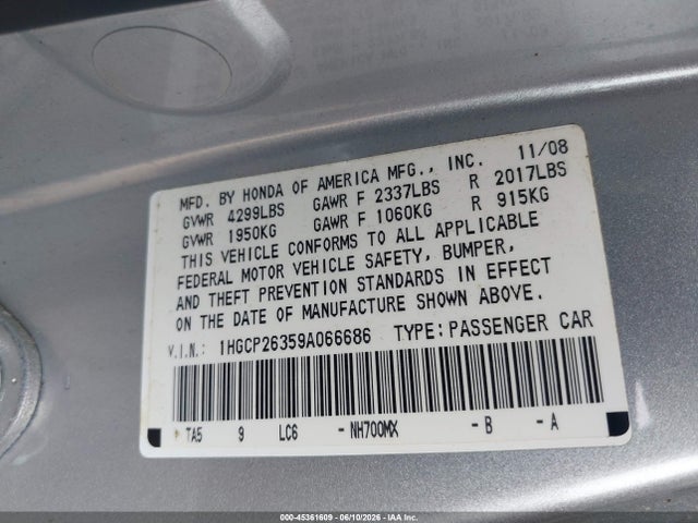Продажа на аукционе авто 2009 Honda Accord 2.4 Lx, vin: 1HGCP26359A066686, номер лота: 45361609