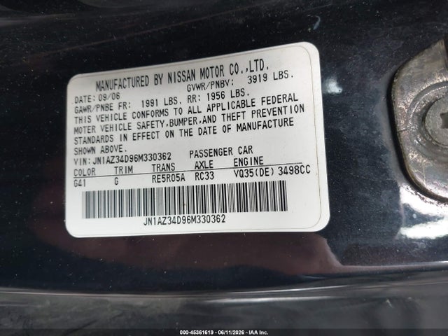 Продажа на аукционе авто 2006 Nissan 350z Touring, vin: JN1AZ34D96M330362, номер лота: 45361619