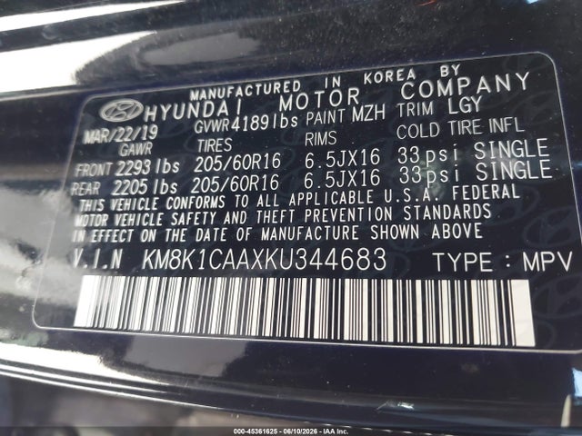 Aukcja sprzedaży 2019 Hyundai Kona Se, vin: KM8K1CAAXKU344683, numer aukcji: 45361625