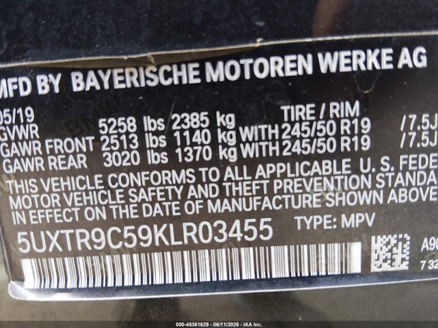 Aukcja sprzedaży 2019 Bmw X3 Xdrive30i, vin: 5UXTR9C59KLR03455, numer aukcji: 45361629