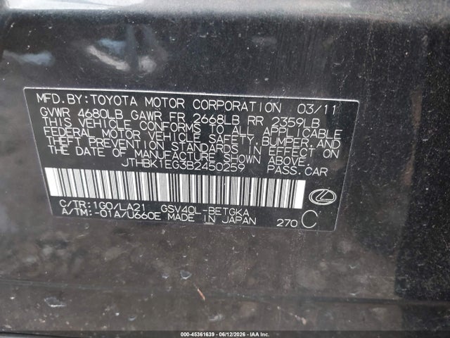 Aukcja sprzedaży 2011 Lexus Es 350, vin: JTHBK1EG3B2450259, numer aukcji: 45361639