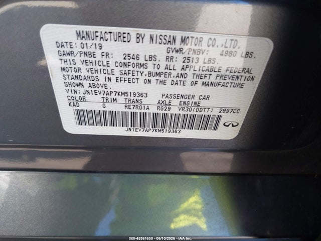 Продаж на аукціоні авто 2019 Infiniti Q50 3.0t Sport, vin: JN1EV7AP7KM519363, номер лоту: 45361650