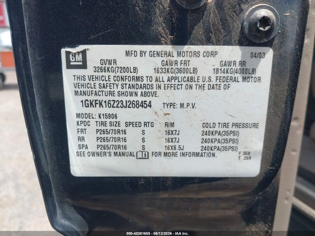 45361655 :رقم المزاد ، 1GKFK16Z23J268454 vin ، 2003 Gmc Yukon Xl 1500 Slt مزاد بيع