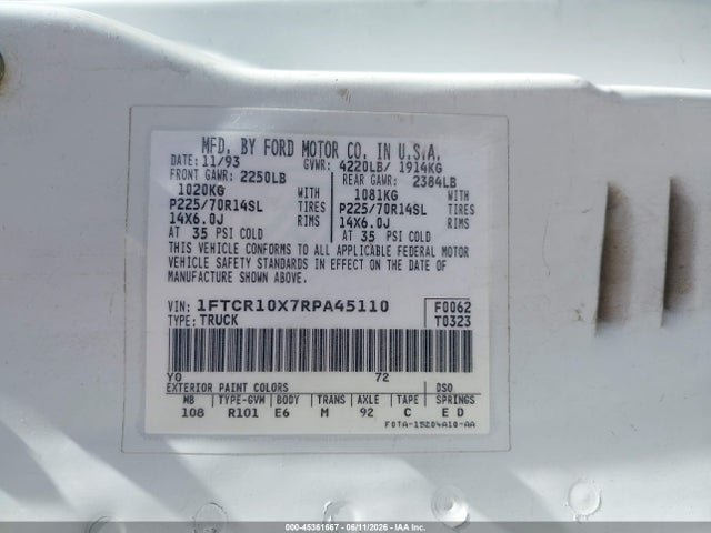 Продажа на аукционе авто 1994 Ford Ranger, vin: 1FTCR10X7RPA45110, номер лота: 45361667