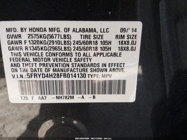 Продажа на аукционе авто 2015 Acura Mdx, vin: 5FRYD4H28FB014130, номер лота: 45361668