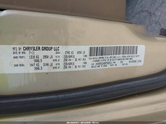 45361677 :رقم المزاد ، 2A4RR5DG4BR768553 vin ، 2011 Chrysler Town & Country Touring مزاد بيع