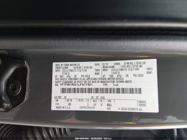 Продажа на аукционе авто 2020 Ford F-150 Raptor, vin: 1FTFW1RG1LFA71501, номер лота: 45361681