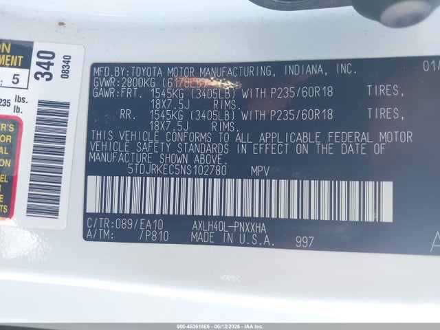 45361686 :رقم المزاد ، 5TDJRKEC5NS102780 vin ، 2022 Toyota Sienna Xle مزاد بيع