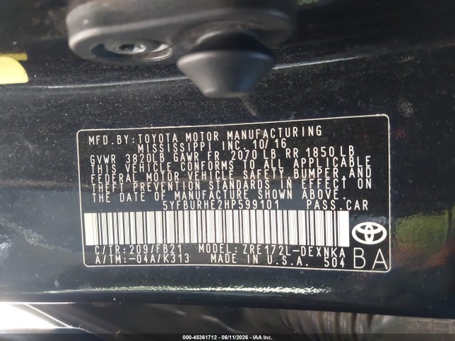 Продаж на аукціоні авто 2017 Toyota Corolla Le, vin: 5YFBURHE2HP599101, номер лоту: 45361712