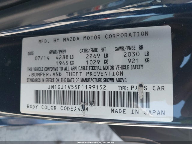 Aukcja sprzedaży 2015 Mazda Mazda6 I Touring, vin: JM1GJ1V55F1199152, numer aukcji: 45361720