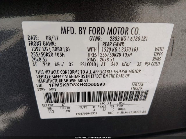 1FM5K8D8XHGD55593 Ford EXPLORER XLT
