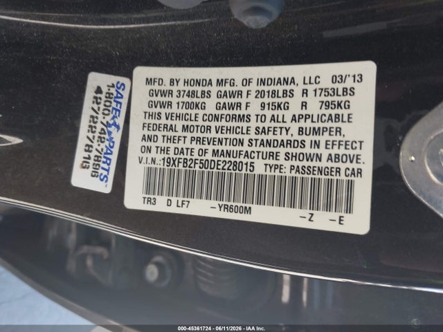 2013 Honda Civic Lx მანქანა იყიდება აუქციონზე, vin: 19XFB2F50DE228015, აუქციონის ნომერი: 45361724