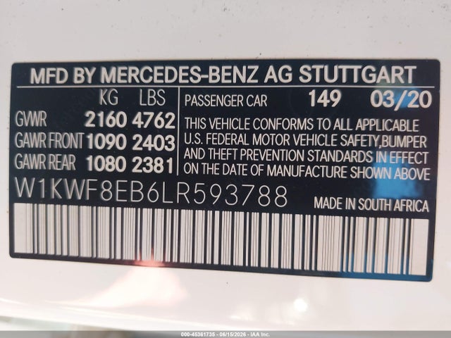Aukcja sprzedaży 2020 Mercedes-benz C 300 4matic, vin: W1KWF8EB6LR593788, numer aukcji: 45361735