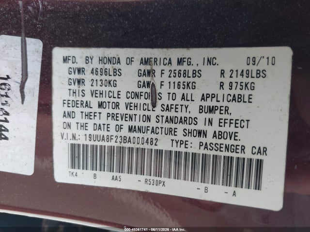 45361741 :رقم المزاد ، 19UUA8F23BA000482 vin ، 2011 Acura Tl 3.5 مزاد بيع