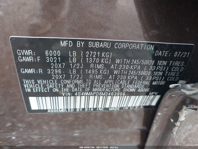 Aukcja sprzedaży 2021 Subaru Ascent Limited, vin: 4S4WMAPD8M3463906, numer aukcji: 45361748