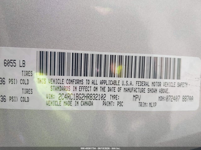 Aukcja sprzedaży 2017 Chrysler Pacifica Touring-l, vin: 2C4RC1BG2HR832102, numer aukcji: 45361754