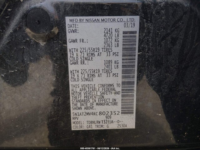 Aukcja sprzedaży 2019 Nissan Rogue Sl, vin: 5N1AT2MV4KC802352, numer aukcji: 45361761