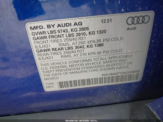 Aukcja sprzedaży 2022 Audi Sq5 Premium Plus Tfsi Quattro Tiptronic, vin: WA1B4AFY2N2049545, numer aukcji: 45361763