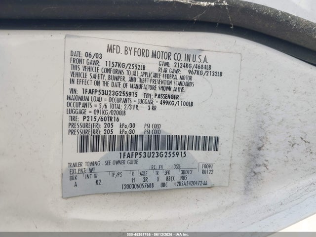 Aukcja sprzedaży 2003 Ford Taurus Se, vin: 1FAFP53U23G255915, numer aukcji: 45361766