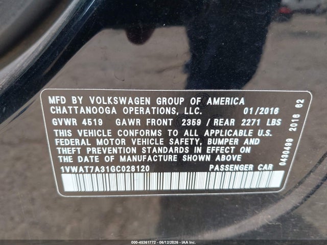 Продажа на аукционе авто 2016 Volkswagen Passat 1.8t S, vin: 1VWAT7A31GC028120, номер лота: 45361772