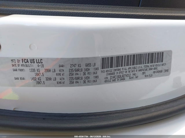45361784 :رقم المزاد ، 2C4RC1BG8JR274312 vin ، 2018 Chrysler Pacifica Touring L مزاد بيع