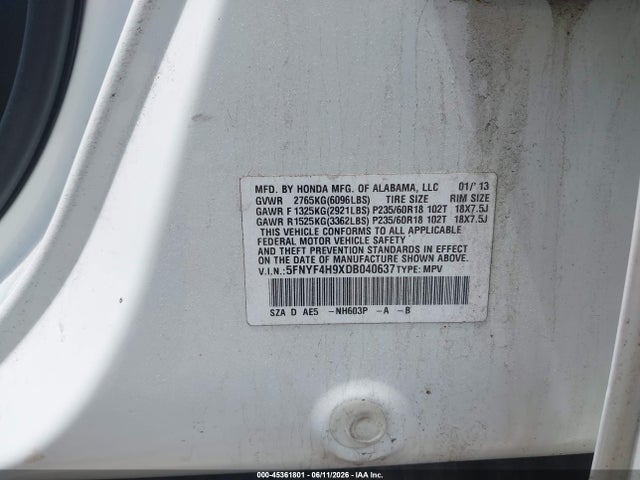 Aukcja sprzedaży 2013 Honda Pilot Touring, vin: 5FNYF4H9XDB040637, numer aukcji: 45361801