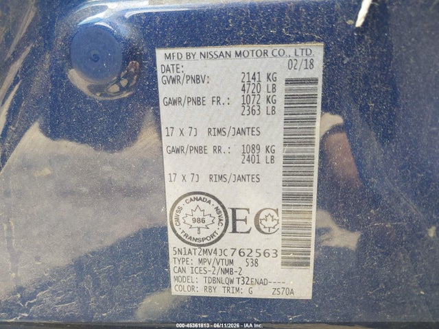 5N1AT2MV4JC762563 Nissan Rogue S/sl/sv
