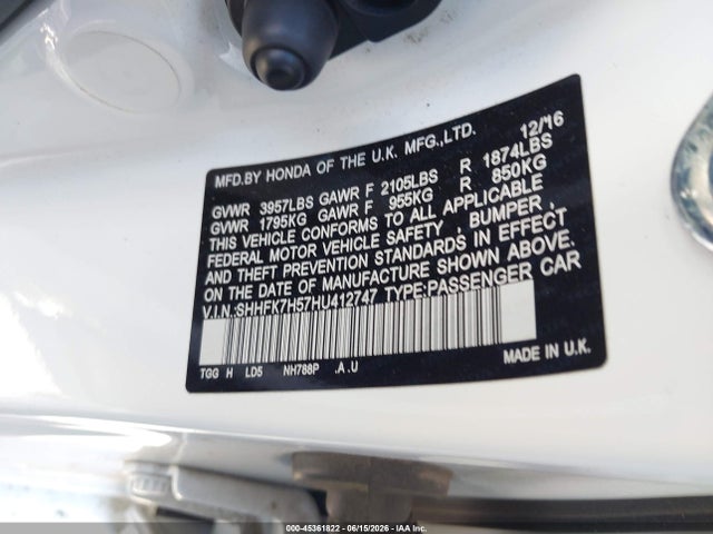 Honda CIVIC EX 2017 SHHFK7H57HU412747 Image 9