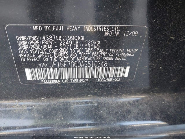 Aukcja sprzedaży 2010 Subaru Impreza Wrx Limited, vin: JF1GE7G60AG510348, numer aukcji: 45361825