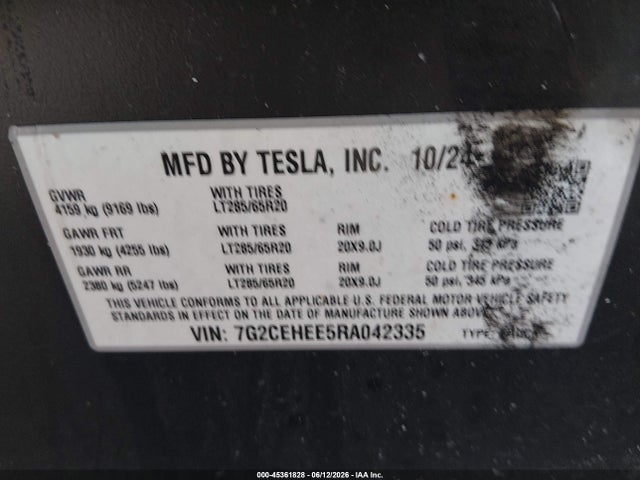 45361828 :رقم المزاد ، 7G2CEHEE5RA042335 vin ، 2024 Tesla Cybertruck Cyberbeast مزاد بيع