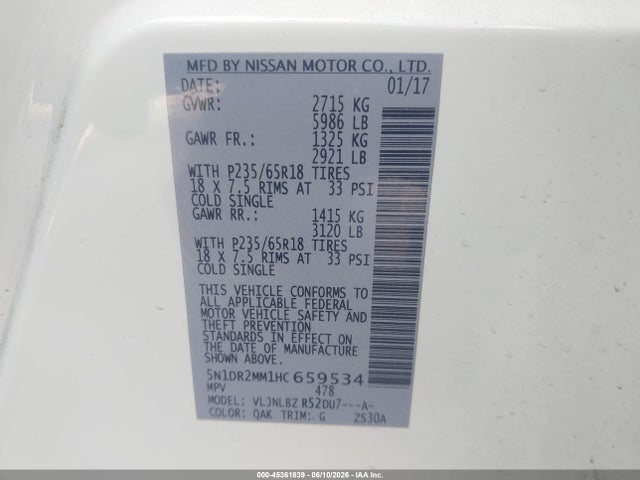 Aukcja sprzedaży 2017 Nissan Pathfinder S, vin: 5N1DR2MM1HC659534, numer aukcji: 45361839