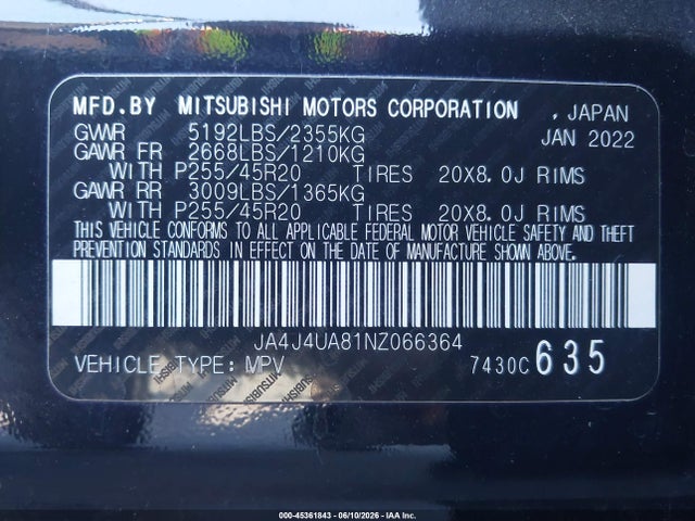 Продаж на аукціоні авто 2022 Mitsubishi Outlander Black Edition S-awc/se 2.5 S-awc/se Launch Edition S-awc, vin: JA4J4UA81NZ066364, номер лоту: 45361843