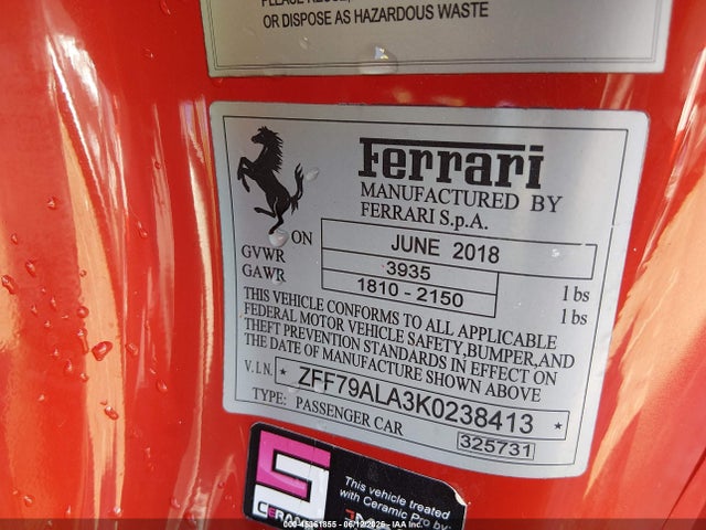 45361855 :رقم المزاد ، ZFF79ALA3K0238413 vin ، 2019 Ferrari 488 Gtb مزاد بيع