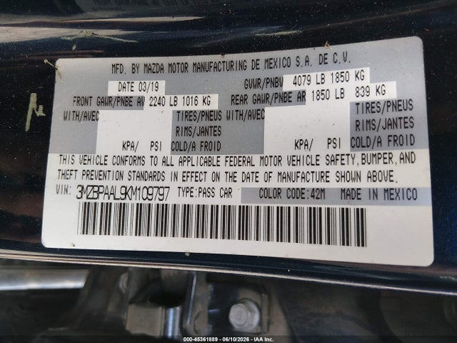 Aukcja sprzedaży 2019 Mazda Mazda3 Select Package, vin: 3MZBPAAL9KM109797, numer aukcji: 45361889