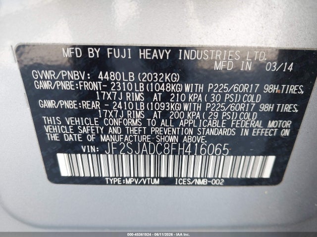 Aukcja sprzedaży 2015 Subaru Forester 2.5i Premium, vin: JF2SJADC8FH416065, numer aukcji: 45361924