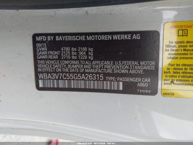 45361925 :رقم المزاد ، WBA3V7C55G5A26315 vin ، 2016 Bmw 428i مزاد بيع