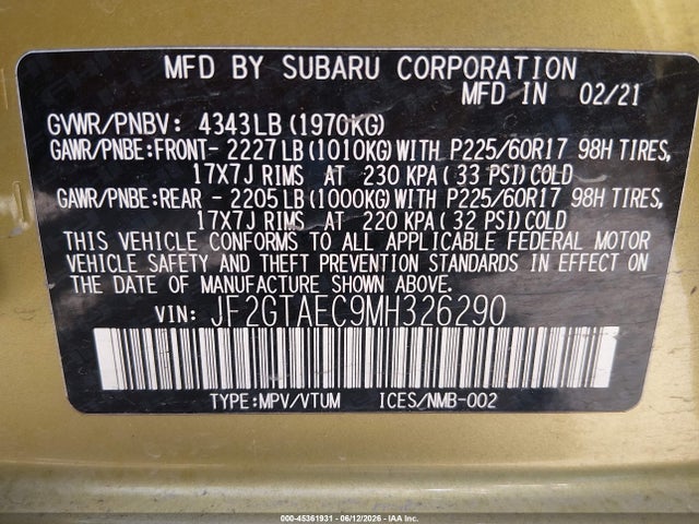 Продаж на аукціоні авто 2021 Subaru Crosstrek Premium, vin: JF2GTAEC9MH326290, номер лоту: 45361931