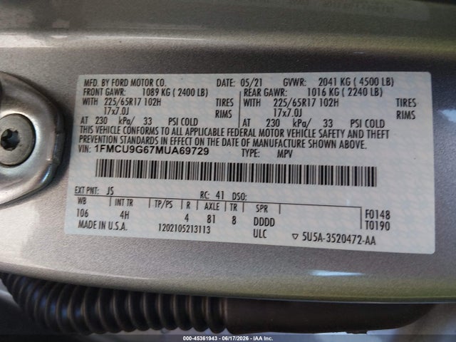 1FMCU9G67MUA69729 Ford ESCAPE SE