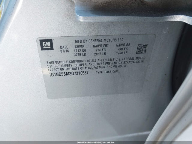 Aukcja sprzedaży 2016 Chevrolet Cruze Ls Auto, vin: 1G1BC5SM3G7310537, numer aukcji: 45361949