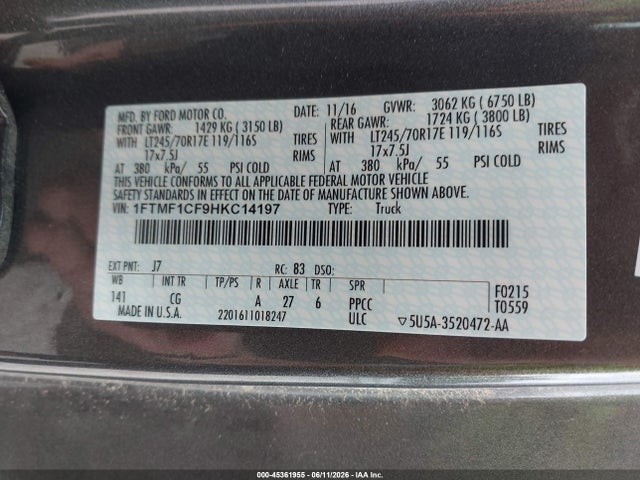 Aukcja sprzedaży 2017 Ford F-150 Xl, vin: 1FTMF1CF9HKC14197, numer aukcji: 45361955