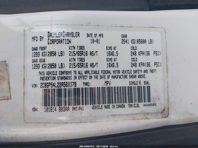 Продажа на аукционе авто 2002 Chrysler Town & Country Lxi, vin: 2C8GP54L22R568379, номер лота: 45361972