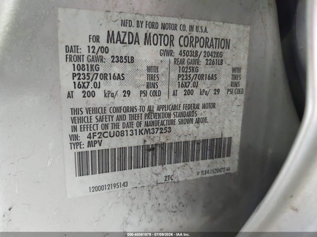 Aukcja sprzedaży 2001 Mazda Tribute Es V6/lx V6, vin: 4F2CU08131KM37253, numer aukcji: 45361979