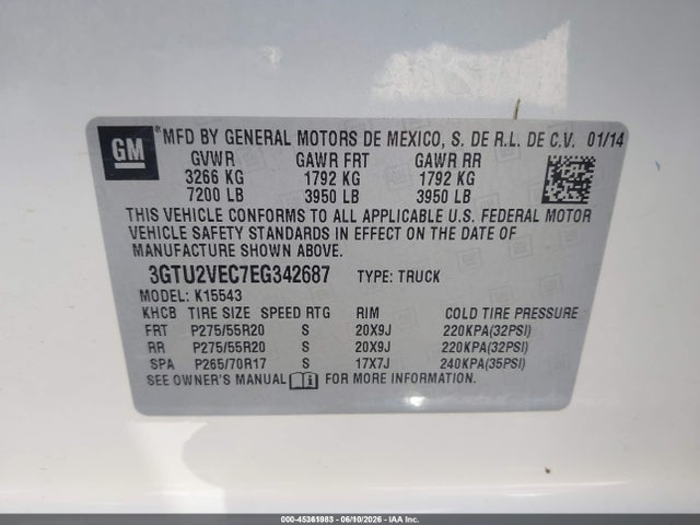Продаж на аукціоні авто 2014 Gmc Sierra 1500 Slt, vin: 3GTU2VEC7EG342687, номер лоту: 45361983