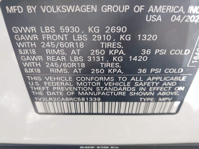 45361991 :رقم المزاد ، 1V2LR2CA8RC581339 vin ، 2024 Volkswagen Atlas 2.0t Se مزاد بيع