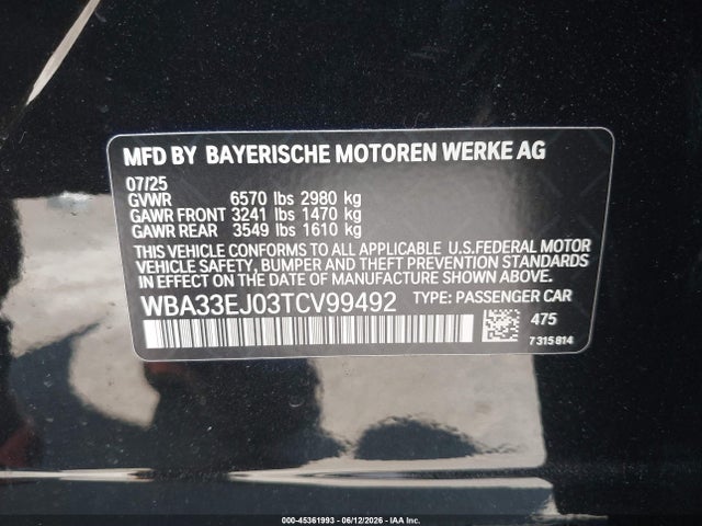 45361993 :رقم المزاد ، WBA33EJ03TCV99492 vin ، 2026 Bmw 760i Xdrive مزاد بيع
