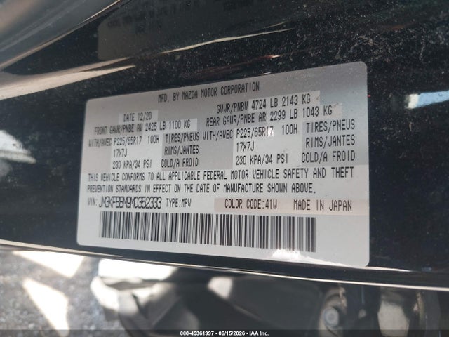 45361997 :رقم المزاد ، JM3KFBBM9M0352333 vin ، 2021 Mazda Cx-5 Sport مزاد بيع