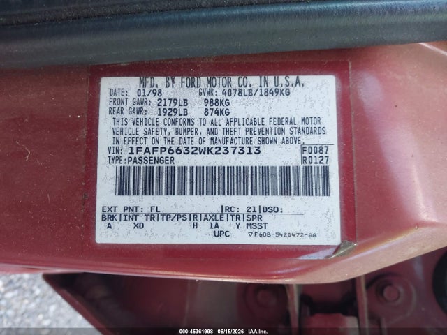 Aukcja sprzedaży 1998 Ford Contour Lx/sport/se, vin: 1FAFP6632WK237313, numer aukcji: 45361998